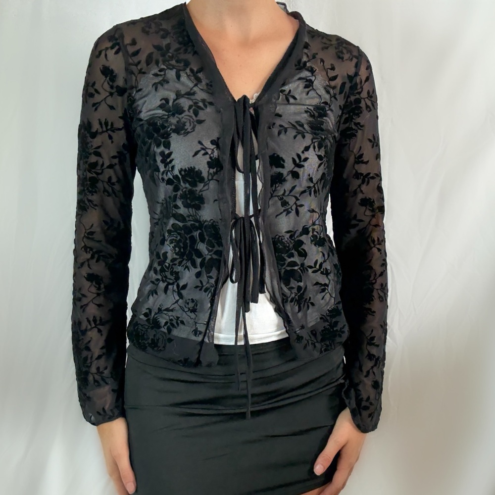 Vintage Y2K black burnout mesh blouse top long sleeve whimsygoth small floral